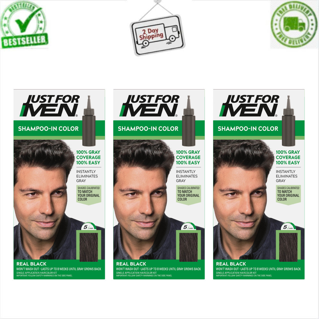 (Pack of 3) Just For Men Shampoo-In Hair Color H-55 Real Black, Gray Hair Dye