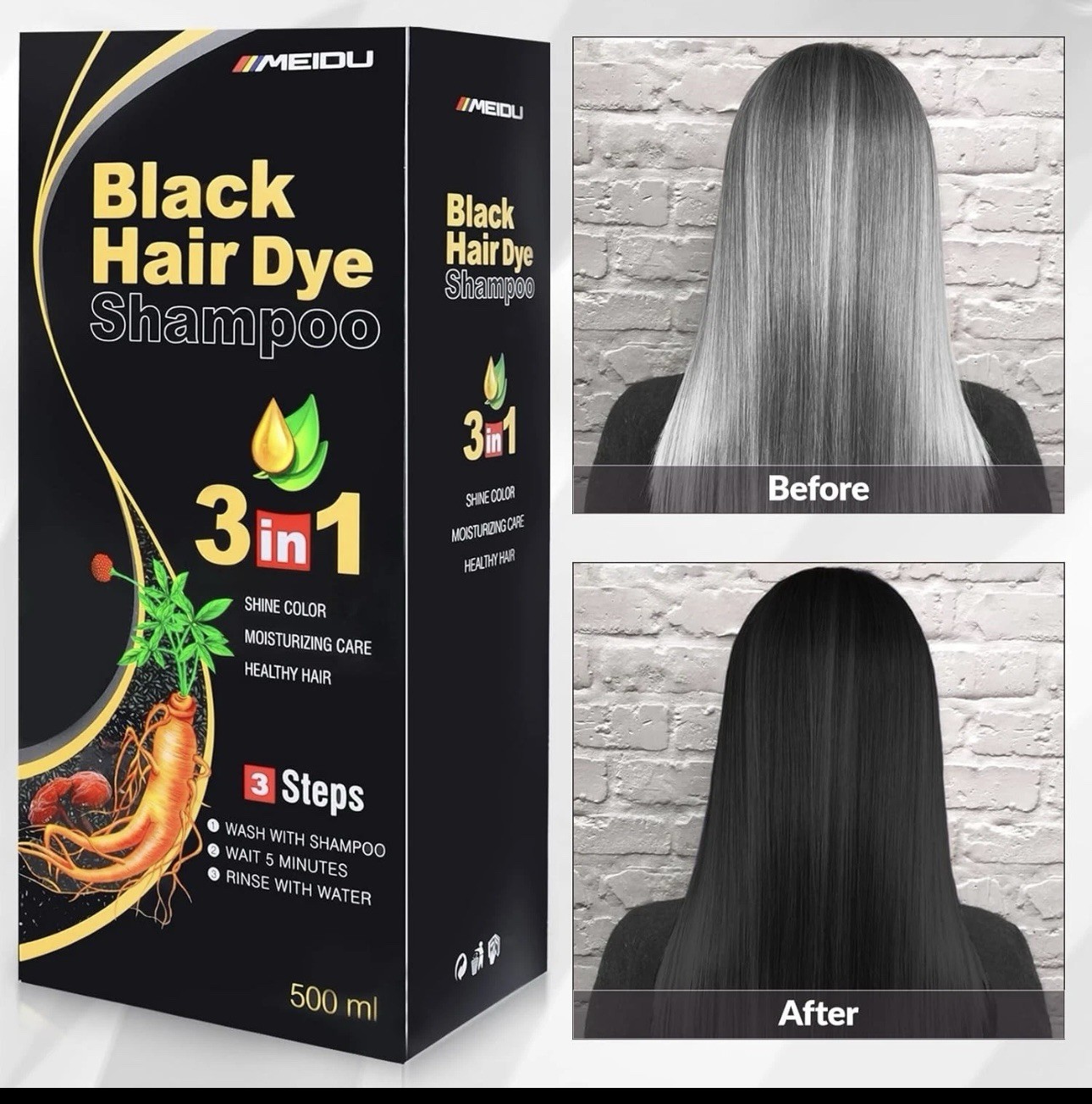 MEIDU 3-in-1 Black Hair Dye Shampoo Moisturizing Shine, All Hair Types 500ml