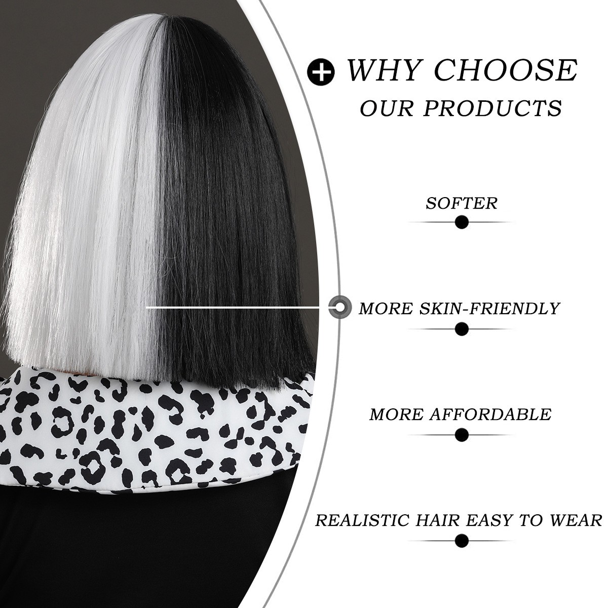 13in Black White Cruella Bob Wig Two Tone Heat Resistant Synthetic Cosplay